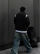 LOSTCTRL Color Block Stripe Puffer Jacket in Black - On Model
