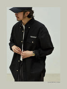 USAGE Oversized Micro Check Button Down Shirt in Black - On Male Model