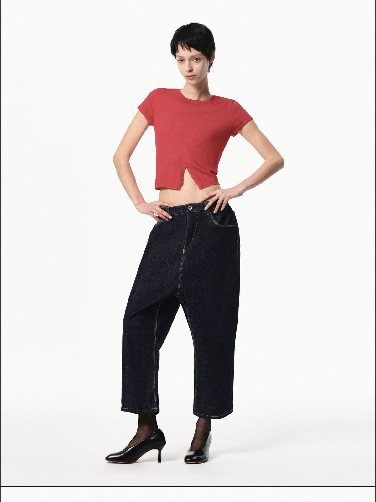 RARELY ALIKE Half Placket Silk Wool Knit Top in Red - On Female Model