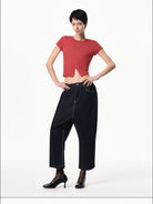 RARELY ALIKE Half Placket Silk Wool Knit Top in Red - On Female Model