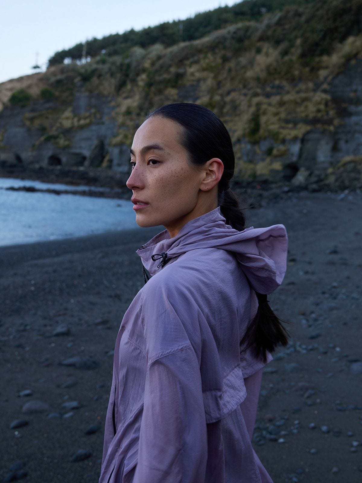 Random Piece Lightweight Cropped Hooded Nylon Jacket in Lavender - On Female Model
