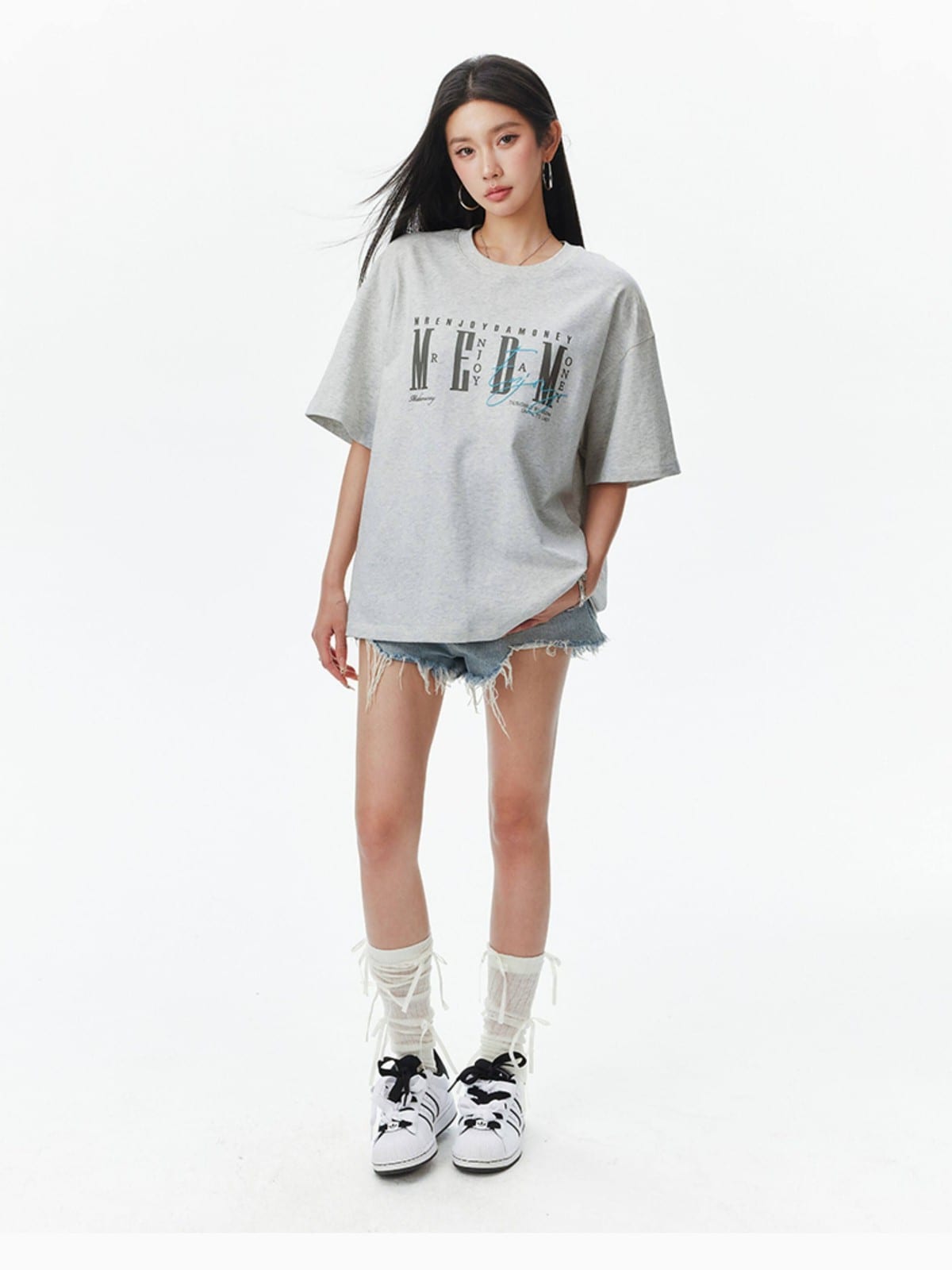 MEDM Vintage Logo Typography Cotton T Shirt in Heather Gray - On Female Model