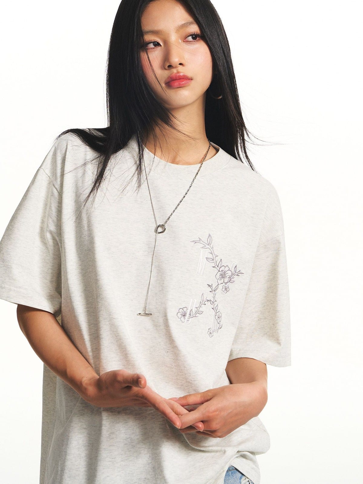 MEDM Floral Graphic Cotton Sorona T Shirt in Gray - On Female Model