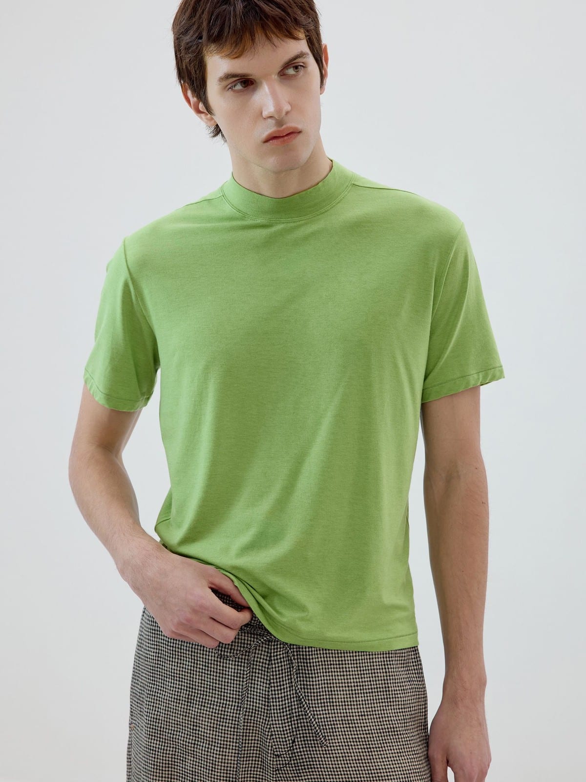 SIMPLE PROJECT Wool Blend Mock Neck T Shirt in Green - On Male Model
