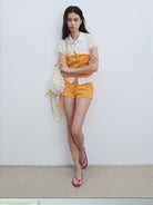 RARELY ALIKE Color Block Cotton Blend Sweatshorts in Orange - On Female Model