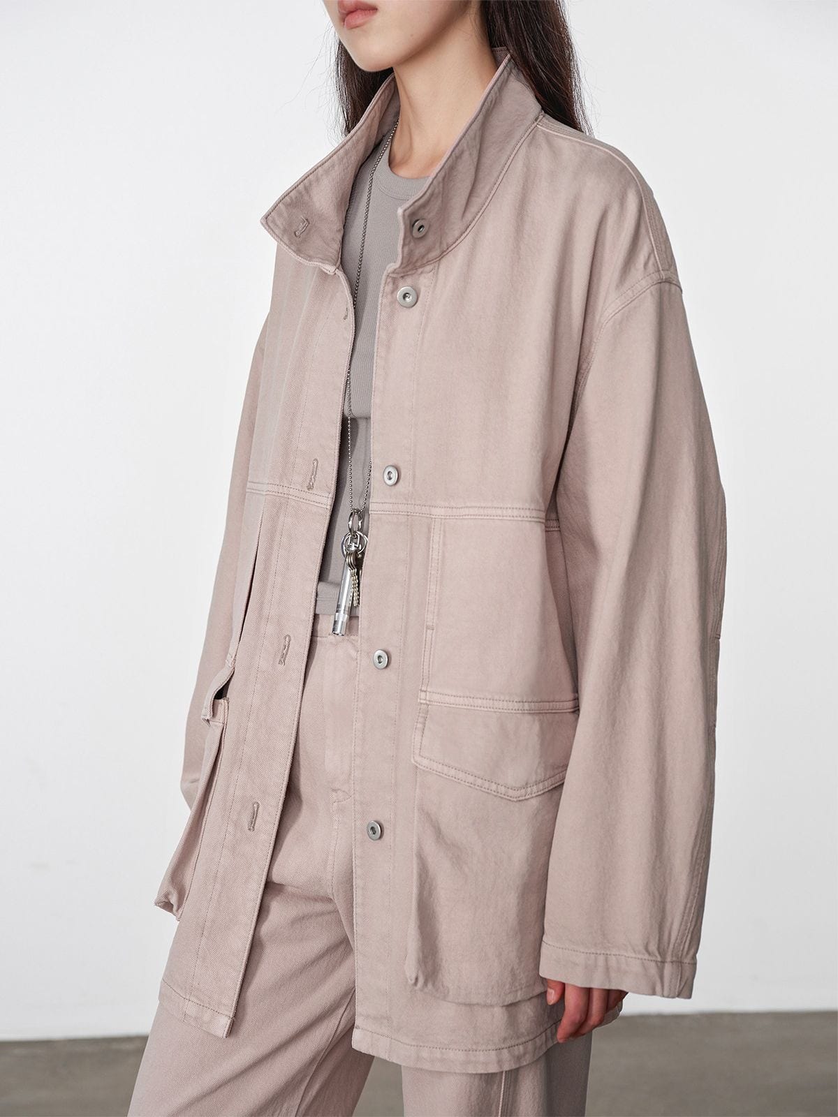 Random Piece Cotton Convertible Workwear Jacket in Beige - On Female Model