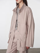 Random Piece Cotton Convertible Workwear Jacket in Beige - On Female Model