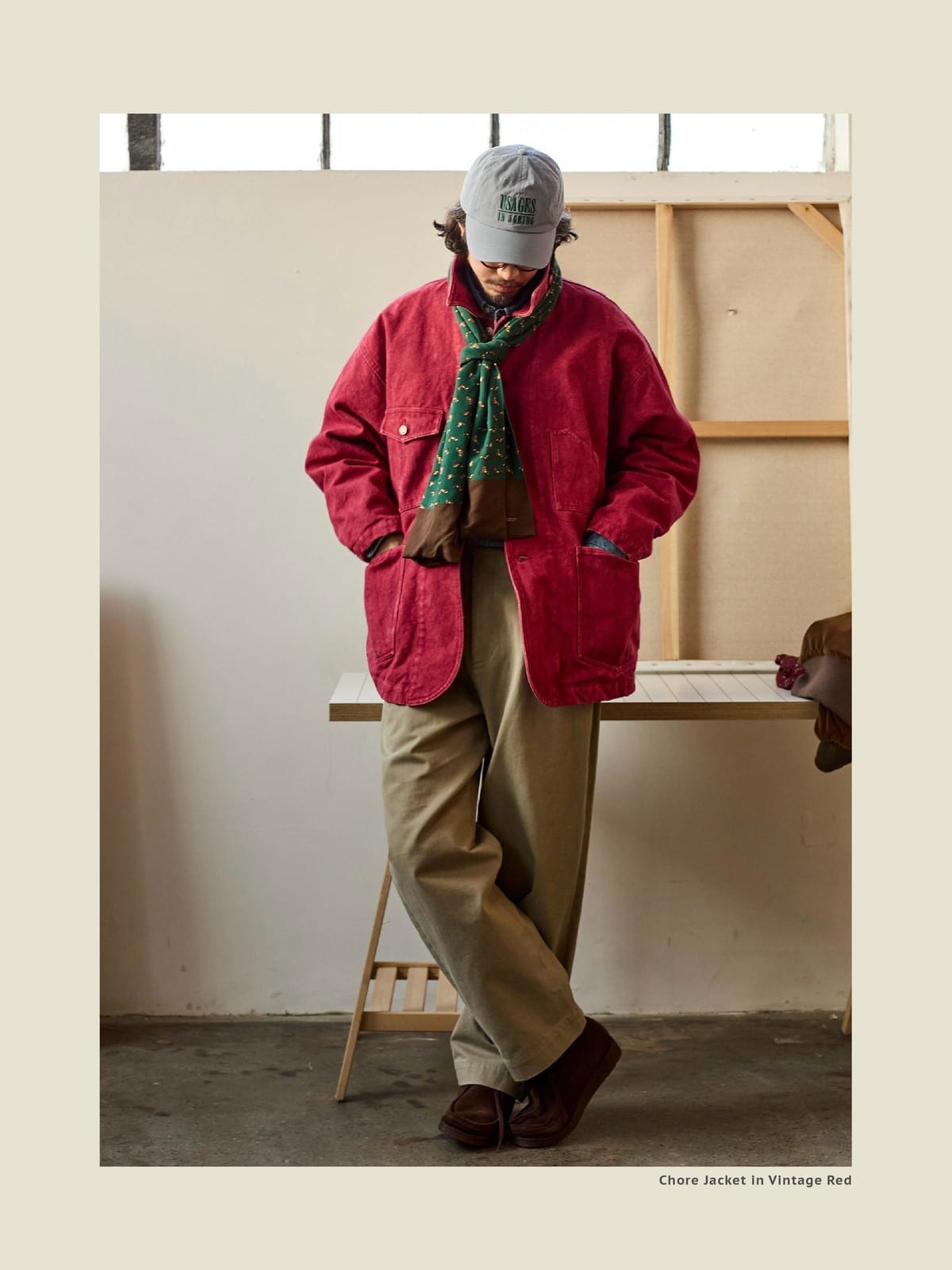 USAGE Washed Heavyweight Cotton Chore Jacket in Red - On Male Model