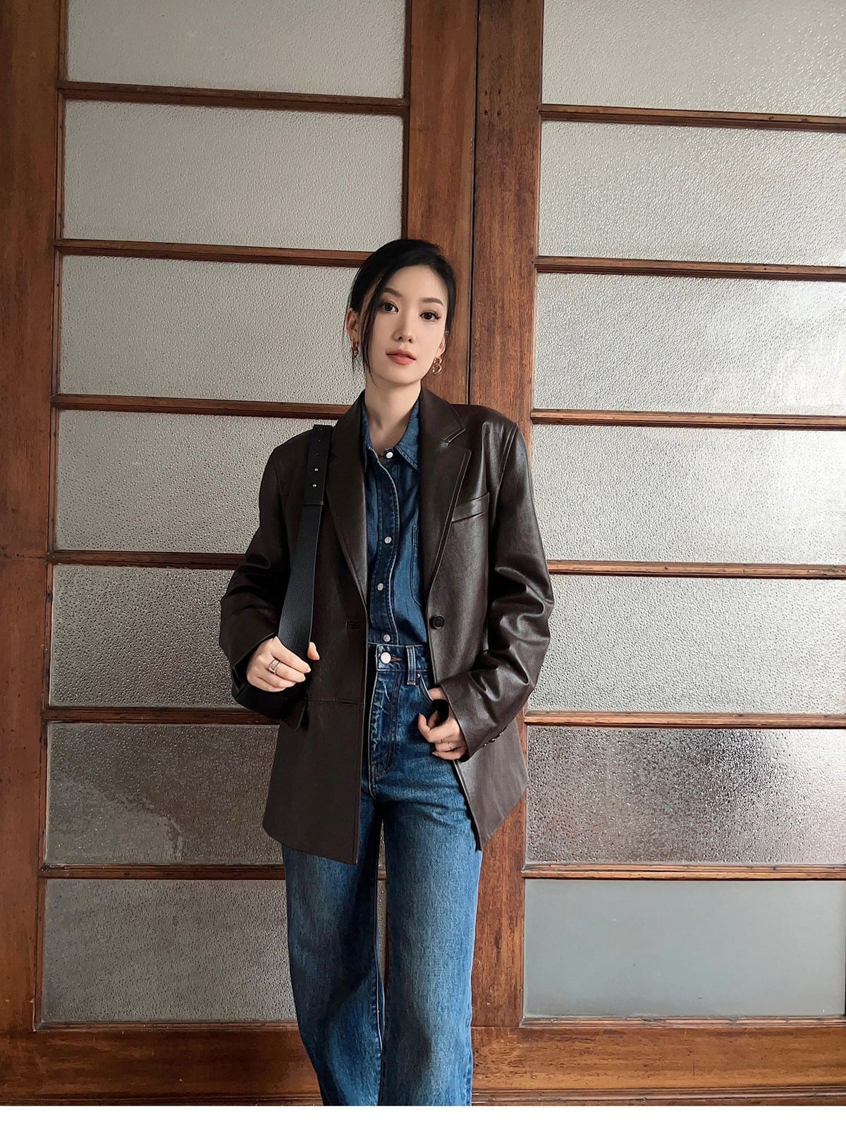MSBEAST Vegetable Tanned Sheepskin Blazer in Brown - On Female Model