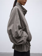 Random Piece Washed Cotton Drawstring Jacket in Beige - On Female Model
