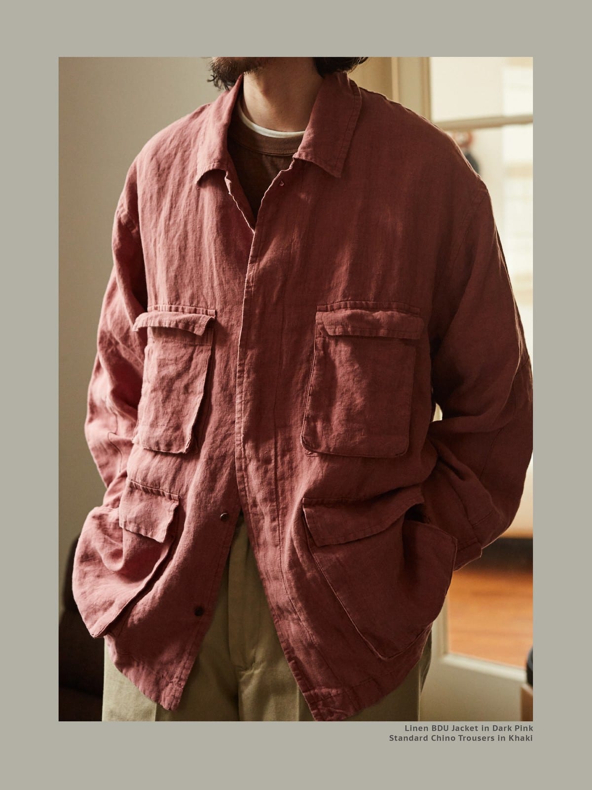 USAGE Linen Four Pocket BDU Jacket in Pink - On Male Model