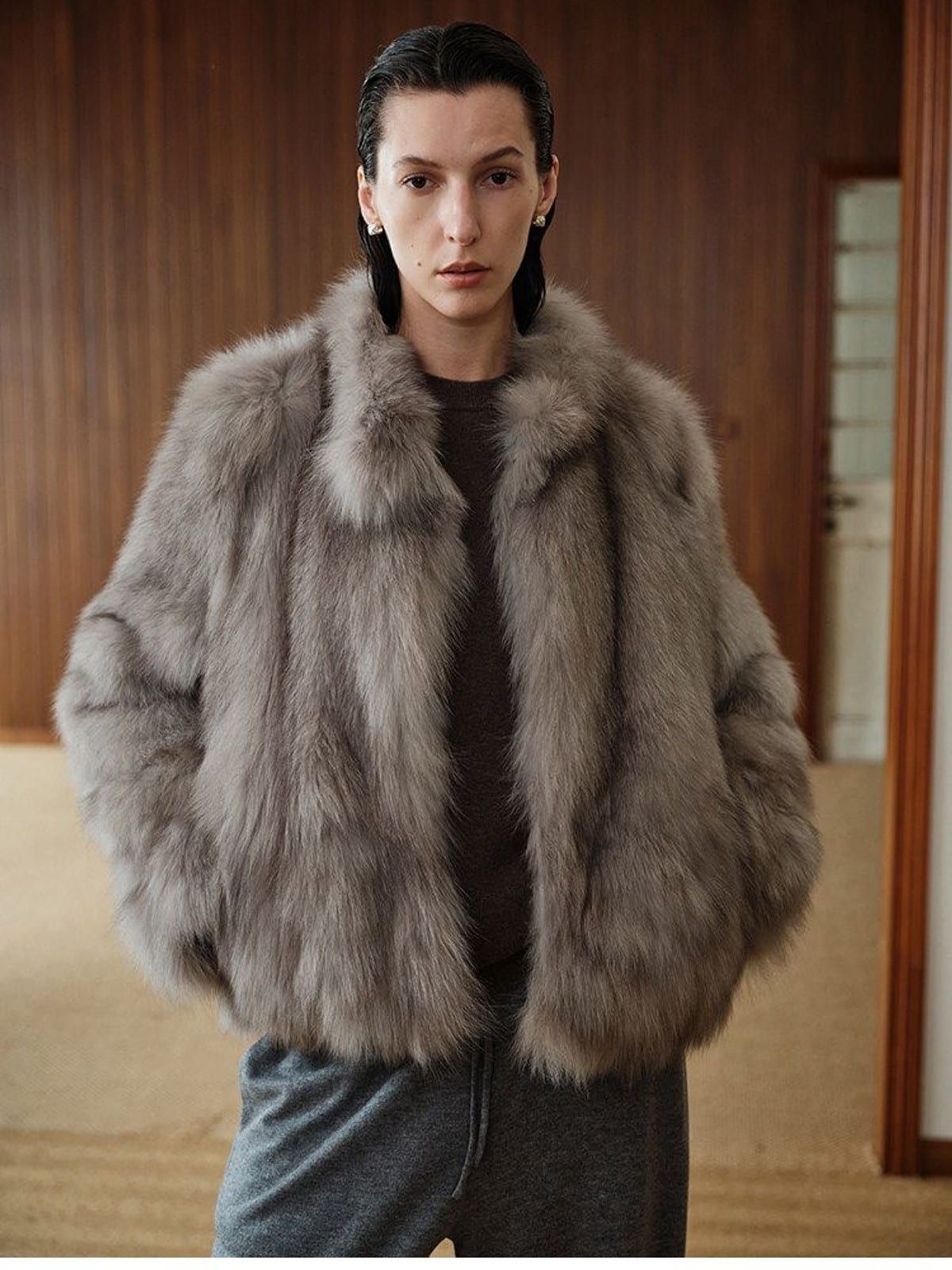 MSBEAST Stand Collar Fox Fur Jacket in Beige - On Female Model