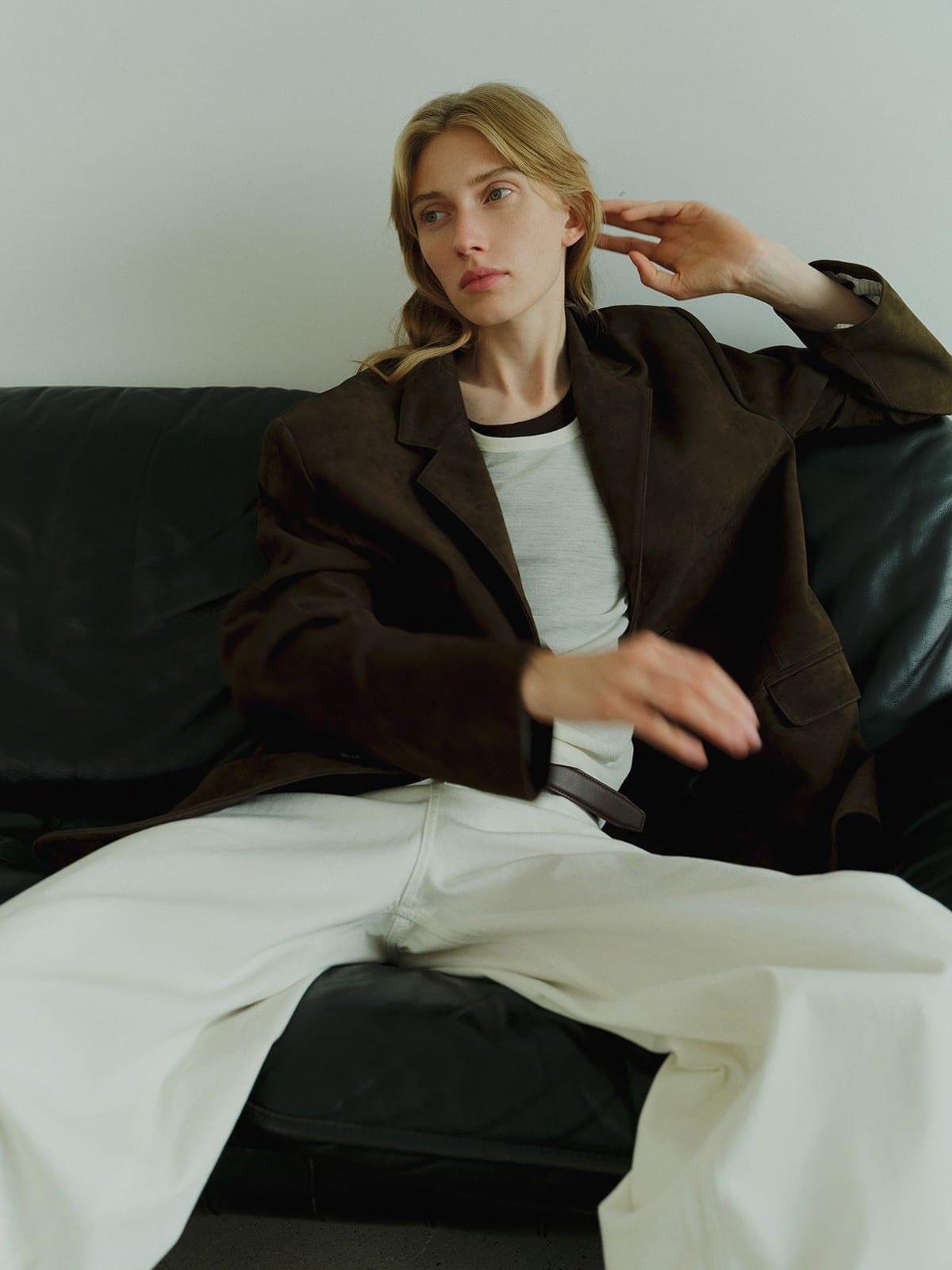 MSBEAST Oversized Sheepskin Suede Blazer in Brown - On Female Model