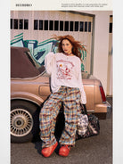 BeerBro Graffiti Plaid Strap Cargo Pants in Sky Blue - On Female Model