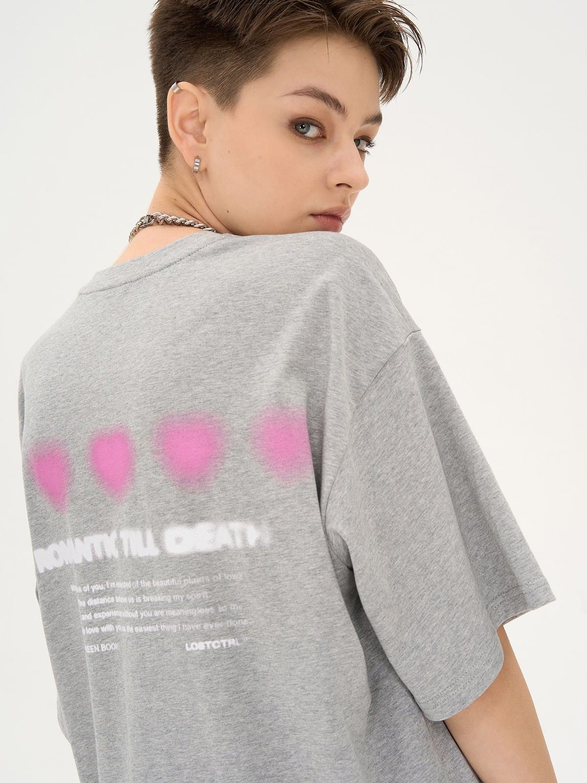 LOSTCTRL Blurred Heart Graphic Cotton T Shirt in Gray - On Model