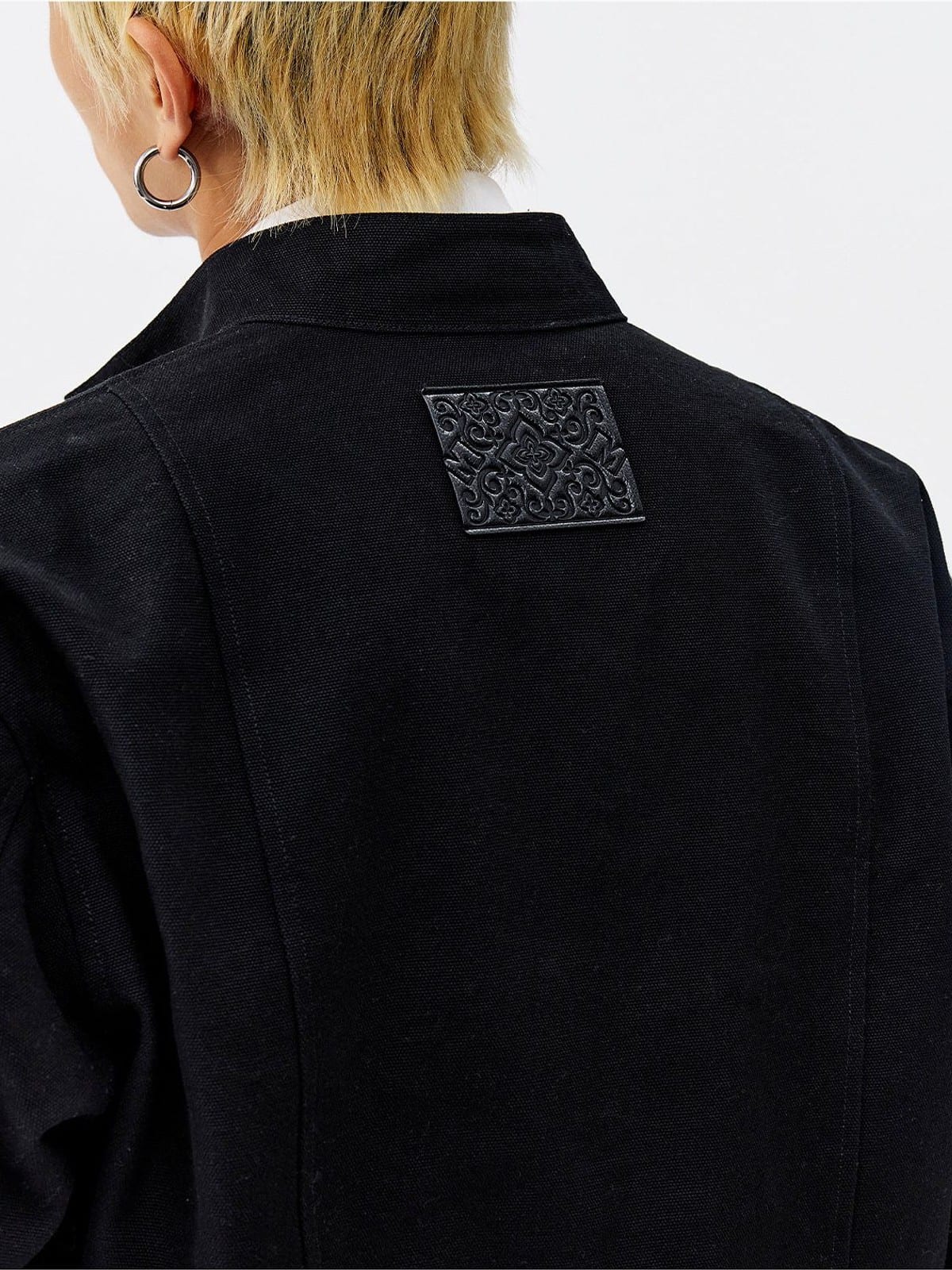 MEDM Plaid Collar Cotton Zip Up Jacket in Black - On Model