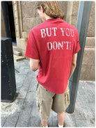 VLABMADE Distressed Slogan Boxy T Shirt in Red - On Model