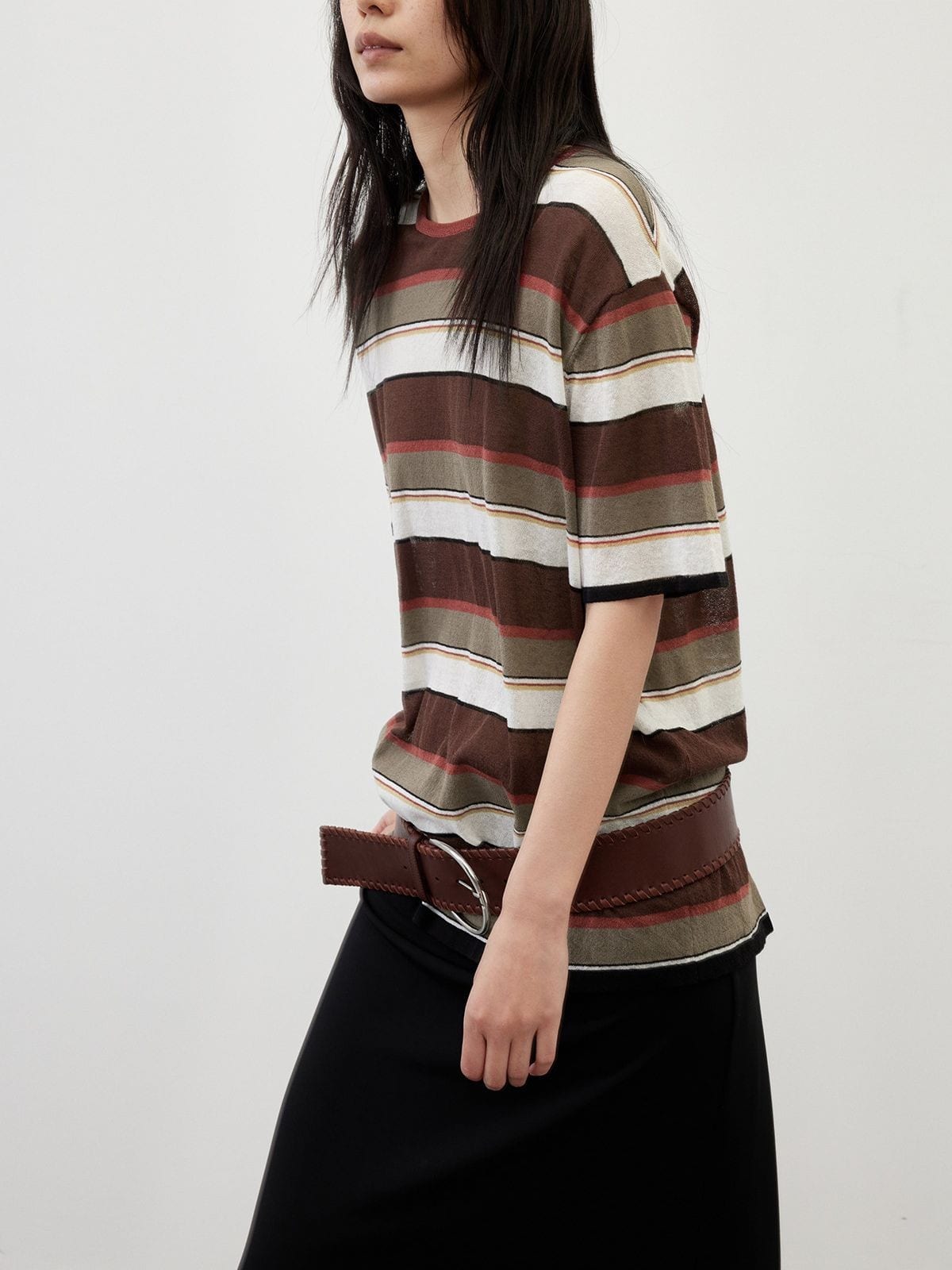 Random Piece Semi Sheer Striped Knit Top in Brown - On Female Model