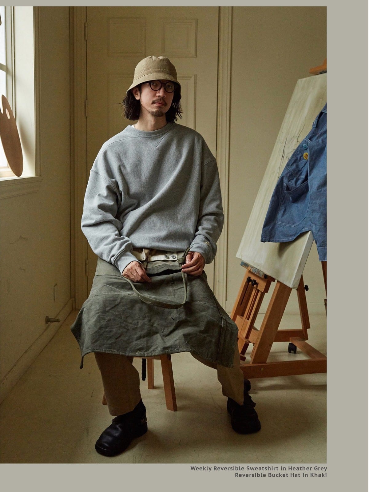 USAGE Reversible Cotton Crewneck Sweatshirt in Heather Gray - On Male Model