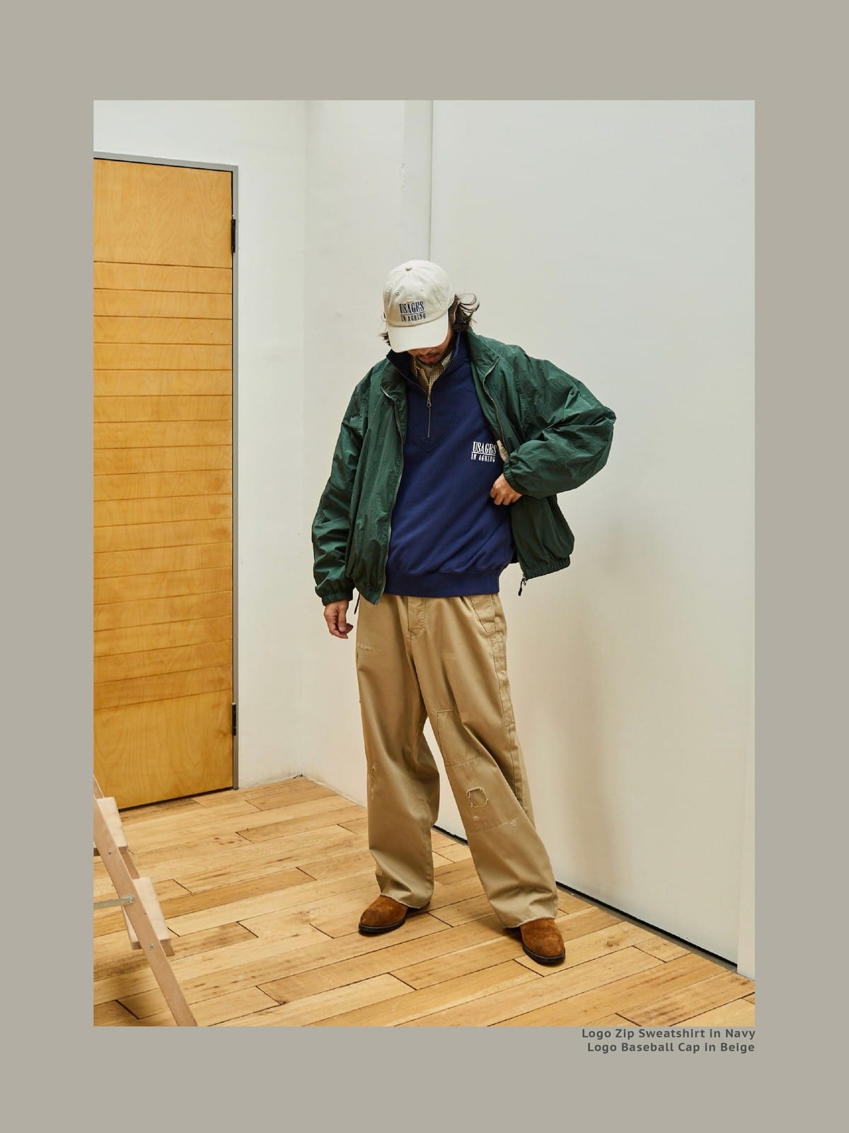 USAGE Heavyweight Cotton Half Zip Sweatshirt in Navy Blue - On Male Model