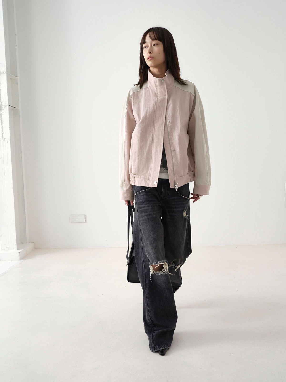 Random Piece Color Block Cotton Blend Cropped Jacket in Pink - On Female Model