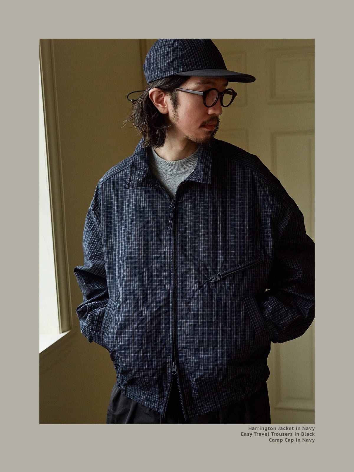 USAGE Jacquard Check Harrington Jacket in Navy Blue - On Male Model