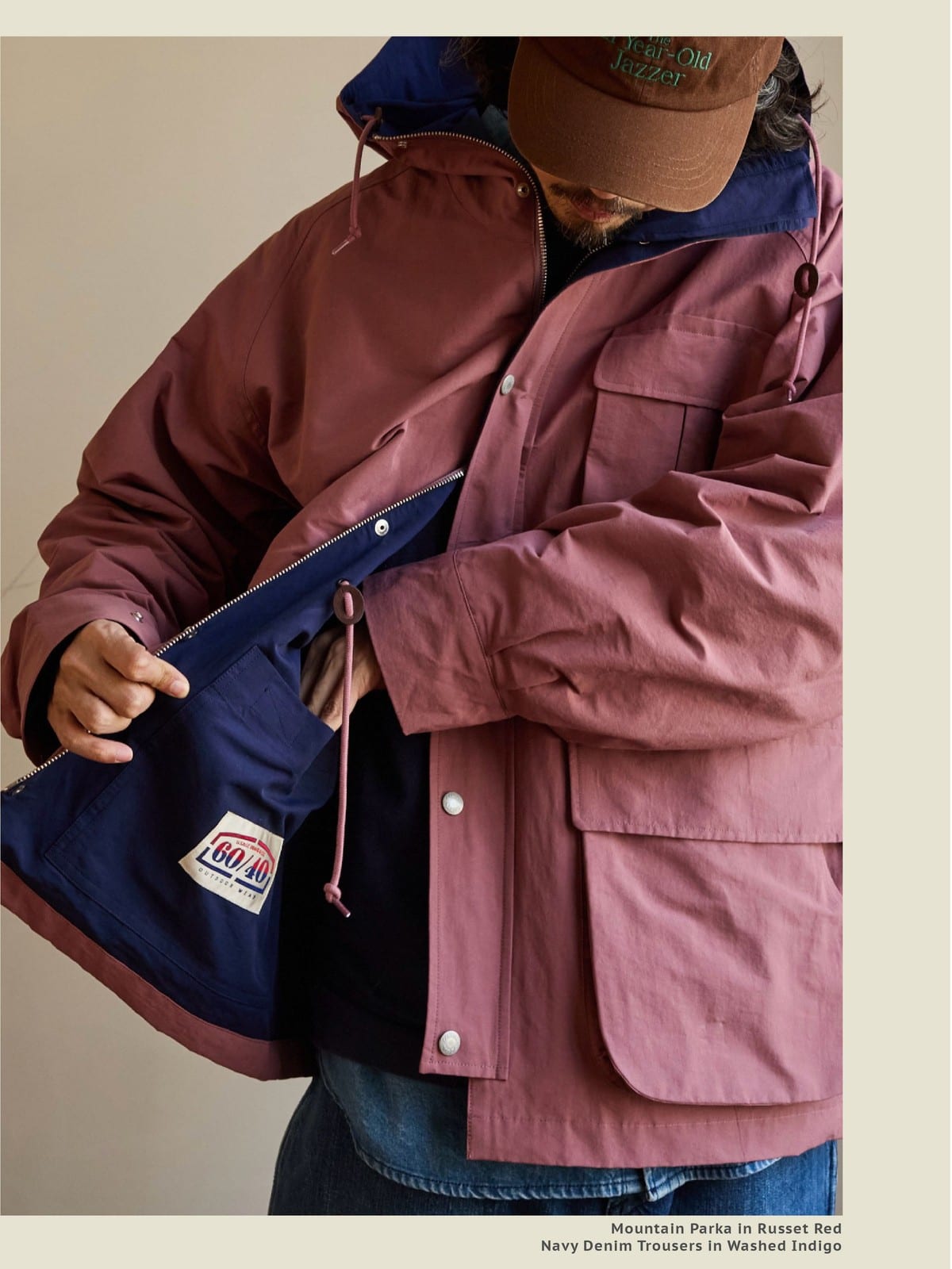 USAGE Cotton Nylon Hooded Mountain Parka in Pink - On Male Model