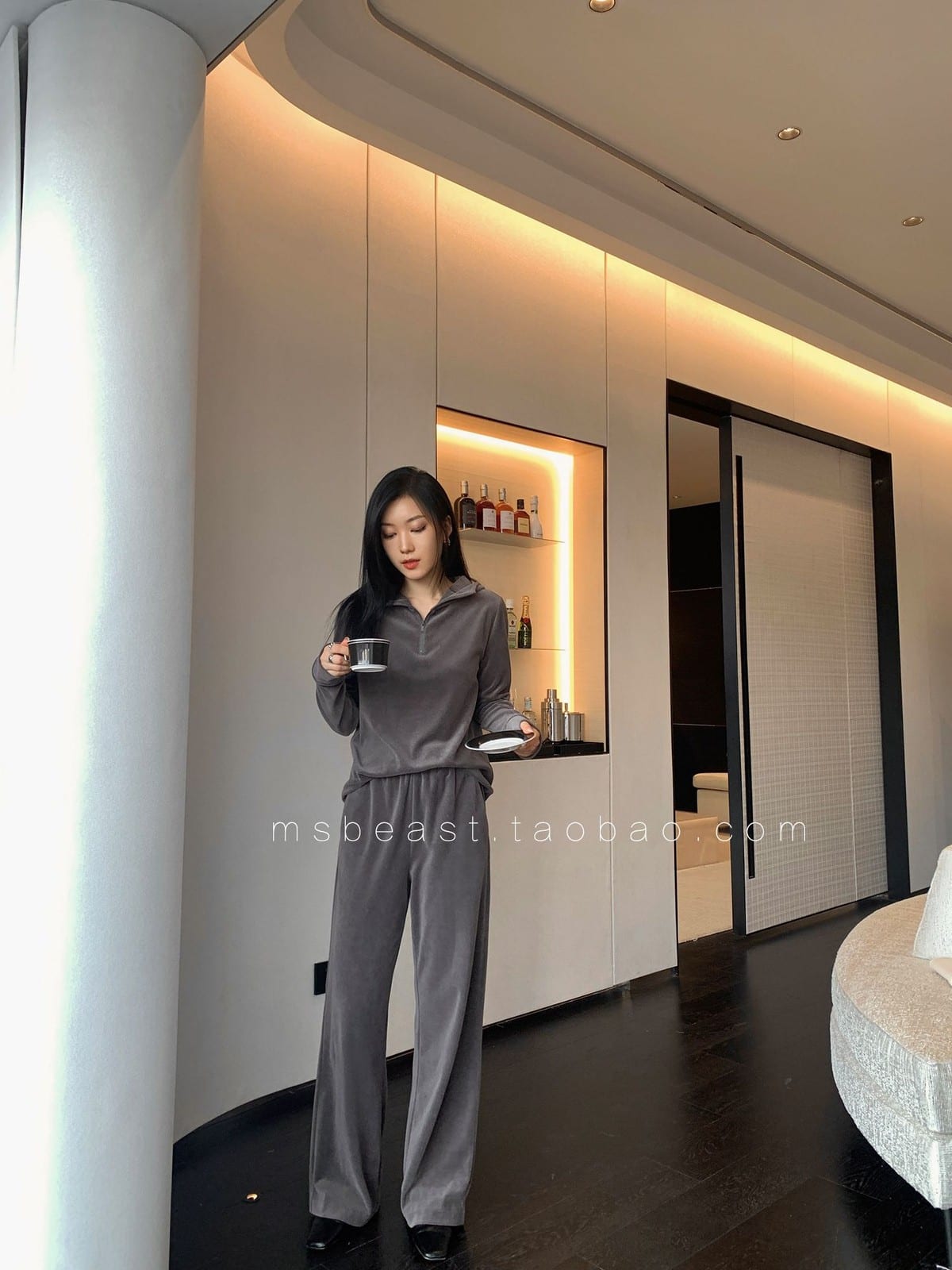 MSBEAST Half Zip Hoodie Wide Leg Pants Set in Gray - On Female Model