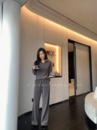 MSBEAST Half Zip Hoodie Wide Leg Pants Set in Gray - On Female Model
