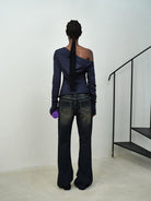 RARELY ALIKE Asymmetric Off Shoulder Sweatshirt in Navy Blue - On Model