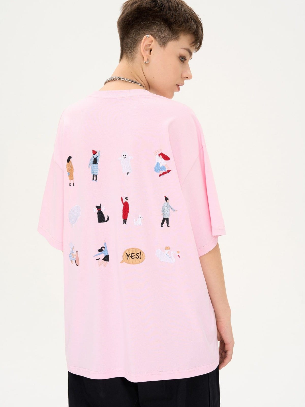 LOSTCTRL Cartoon Embroidery Cotton T Shirt in Pink - On Model