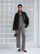 MSBEAST Melange Wool Linen Scoop Neck T Shirt in Gray - On Female Model
