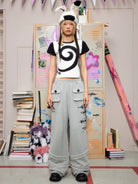 CFIERCE Cross Print Wide Leg Sweatpants in Gray - On Female Model