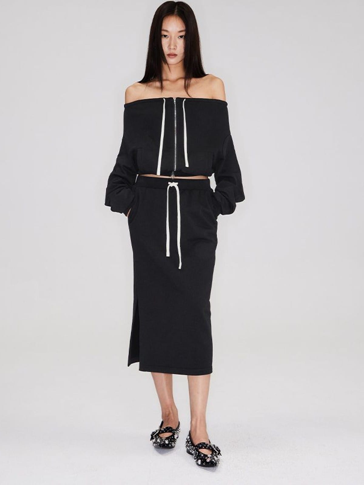 RARELY ALIKE Off Shoulder Zip Up Sweatshirt in Black - On Female Model
