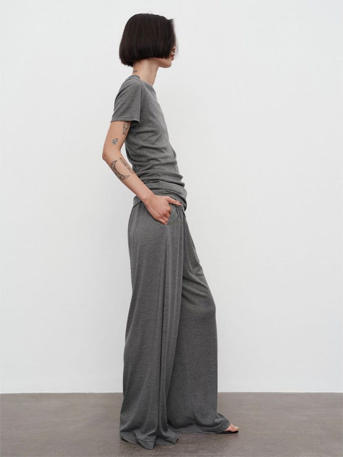 Random Piece Asymmetrical Pleated Silk Blend T Shirt in Gray - On Female Model