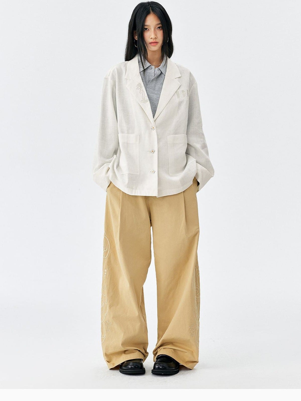 MEDM Embroidered Cotton Cargo Pants in Beige - On Female Model