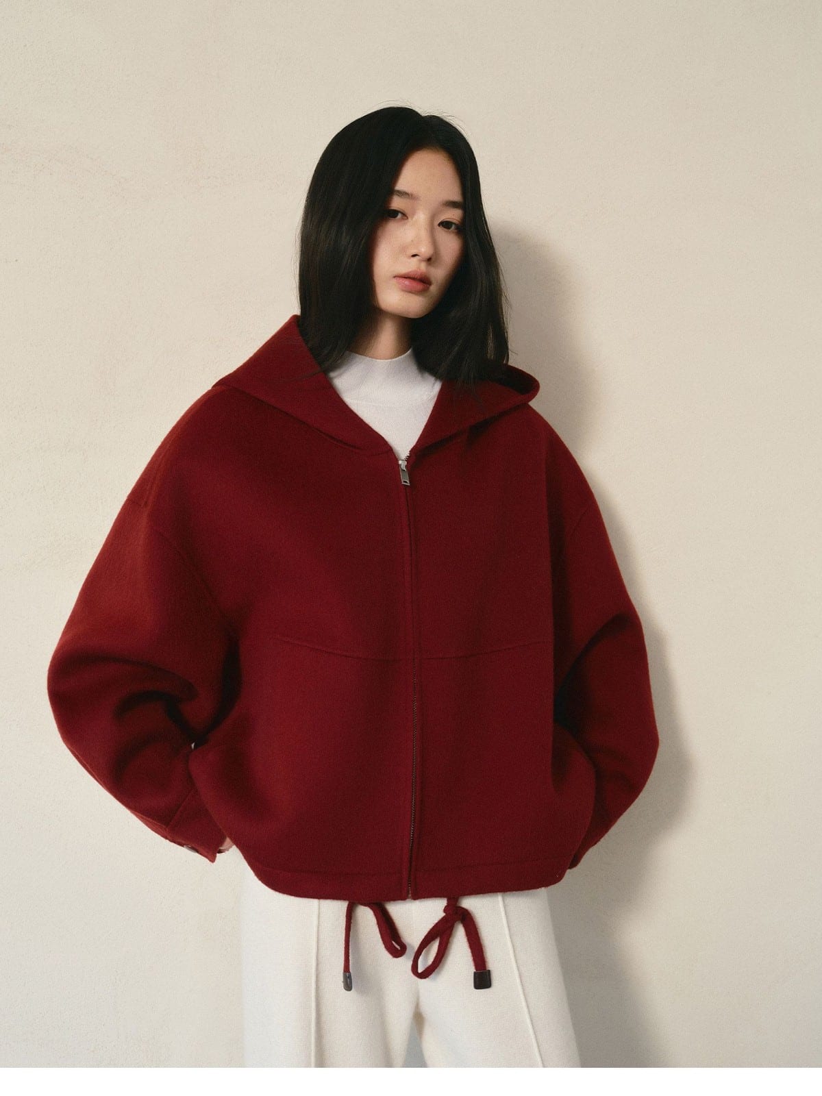 TEASEL Hooded Camel Wool Blend Jacket in Burgundy - On Female Model