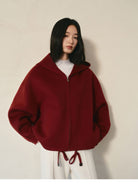 TEASEL Hooded Camel Wool Blend Jacket in Burgundy - On Female Model