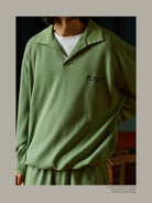 USAGE Oversized Textured Long Sleeve Polo in Mint - On Male Model