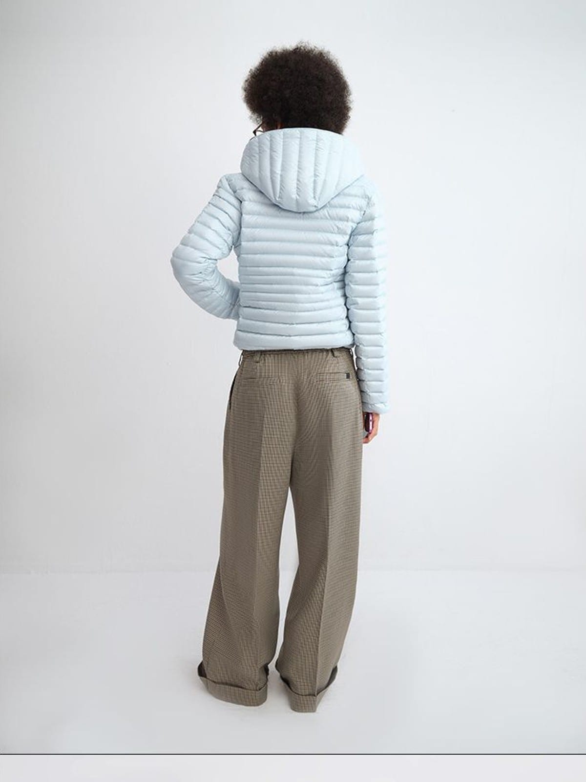 RARELY ALIKE Detachable Hood Duck Down Puffer in Sky Blue - On Model