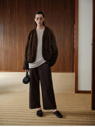 MSBEAST Cropped Wide Leg Leather Trousers in Brown - On Female Model