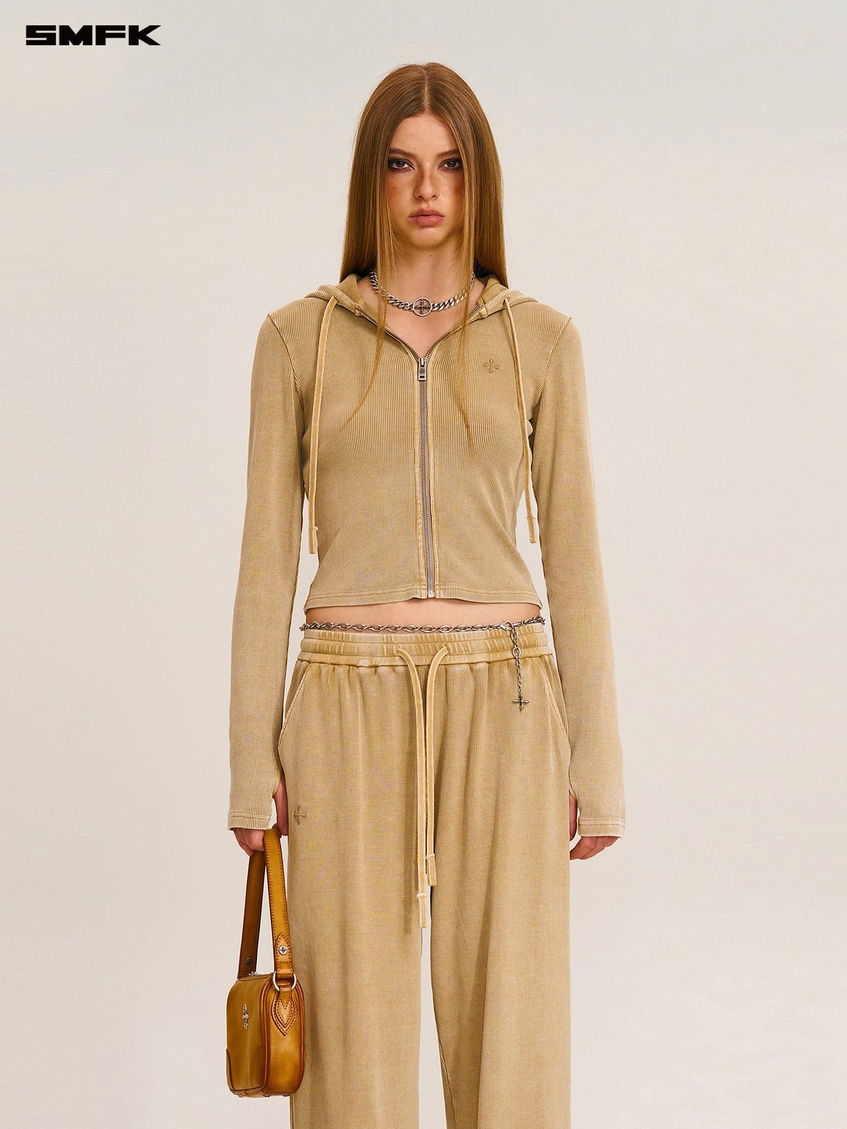 SMFK Vintage Wash Zip Up Cotton Hoodie in Beige - On Female Model
