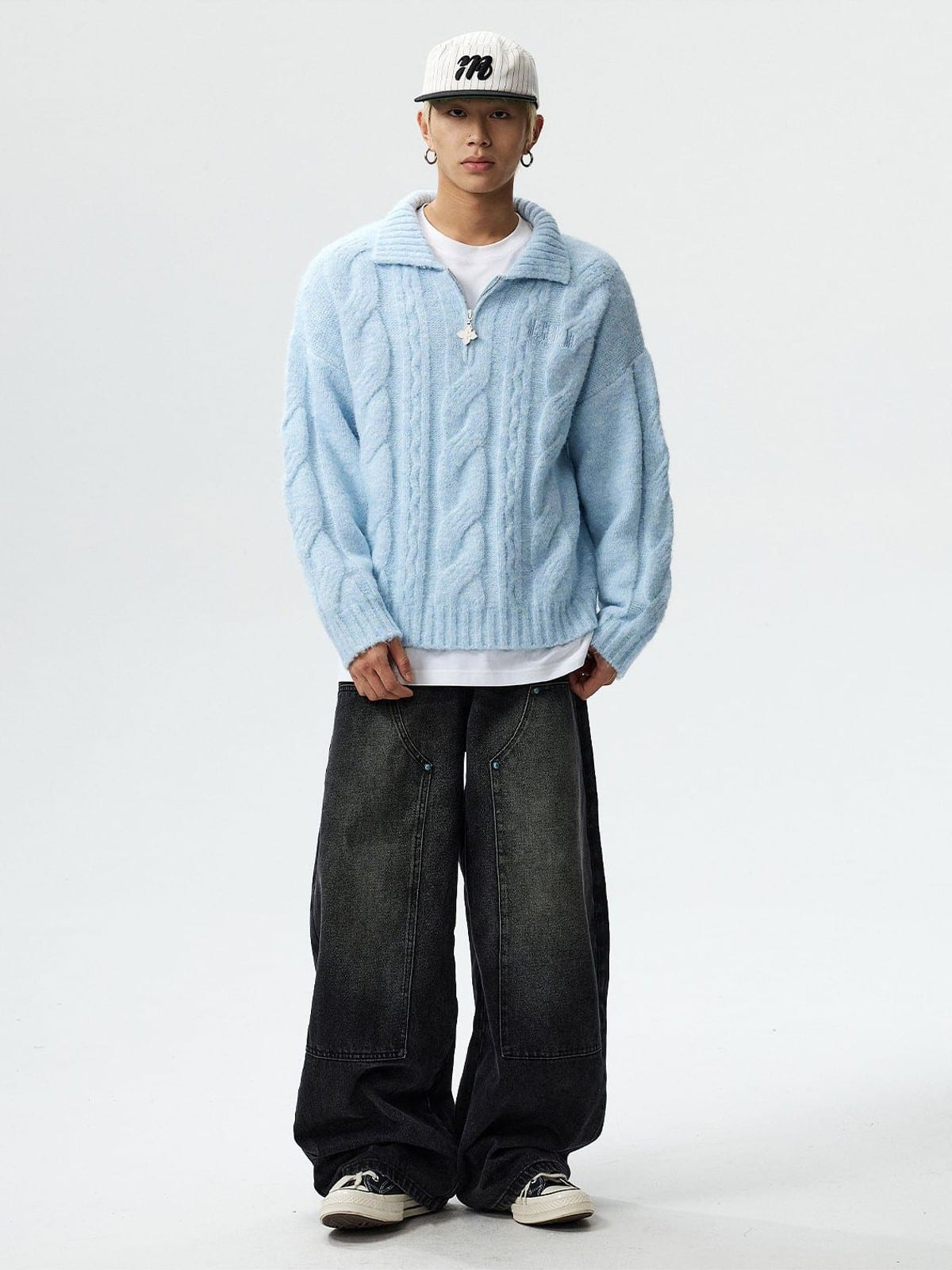 MEDM Cable Knit Quarter Zip Sweater in Sky Blue - On Male Model