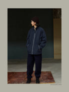 USAGE Drawstring Zip Front Tech Anorak in Navy Blue - On Male Model