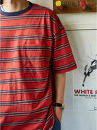 USAGE Retro Striped Cotton T Shirt in Red - On Model