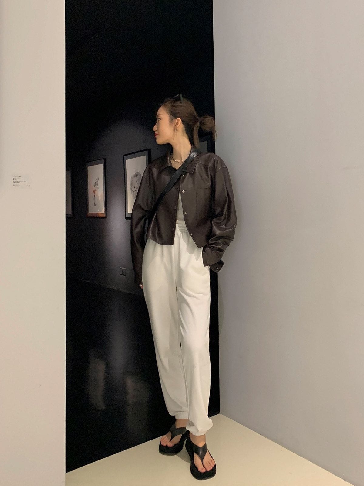 MSBEAST Cropped Sheepskin Leather Shirt Jacket in Brown - On Female Model
