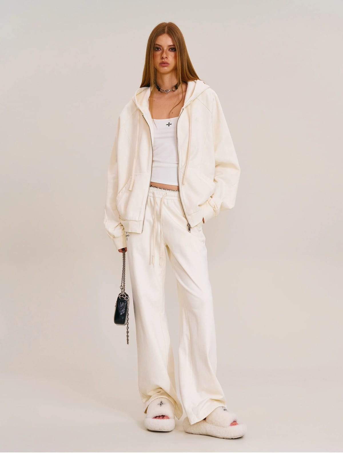 SMFK Washed Cotton Zip Up Hoodie in White - On Female Model
