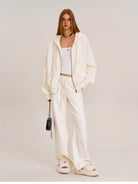 SMFK Washed Cotton Zip Up Hoodie in White - On Female Model