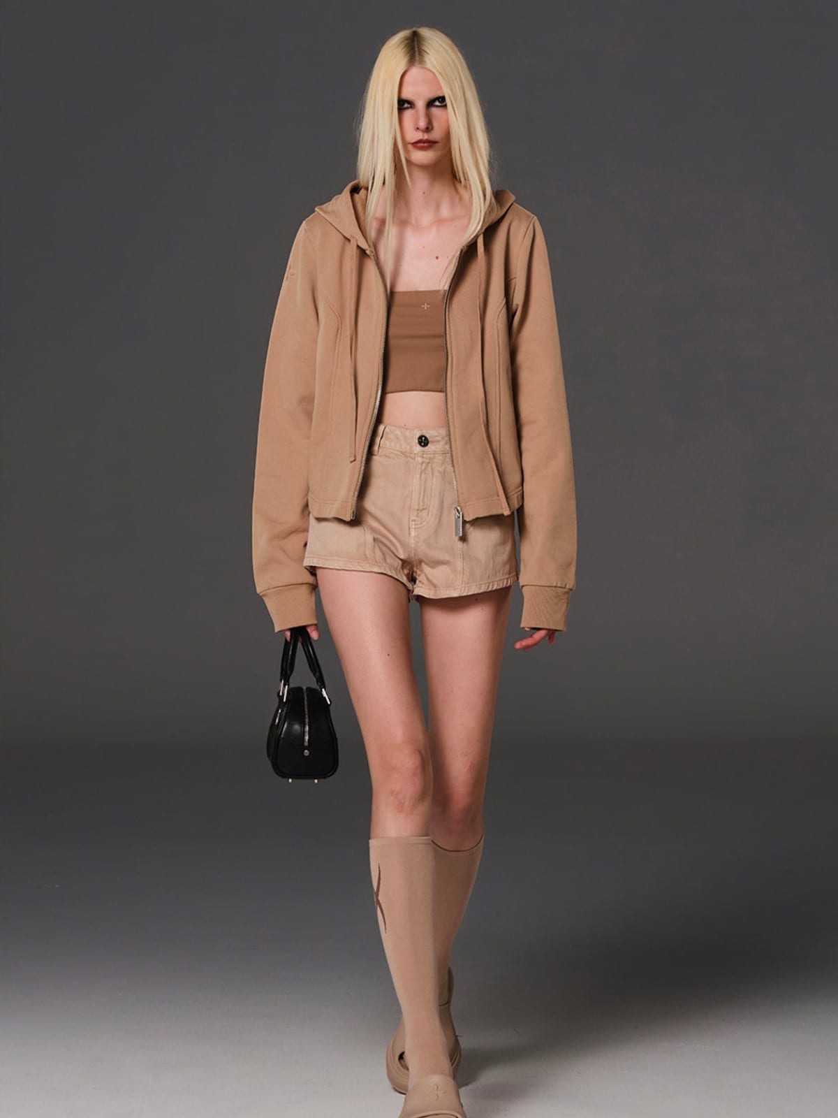 SMFK Seamed Cotton Denim Shorts in Beige - On Female Model