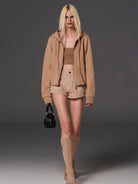SMFK Seamed Cotton Denim Shorts in Beige - On Female Model
